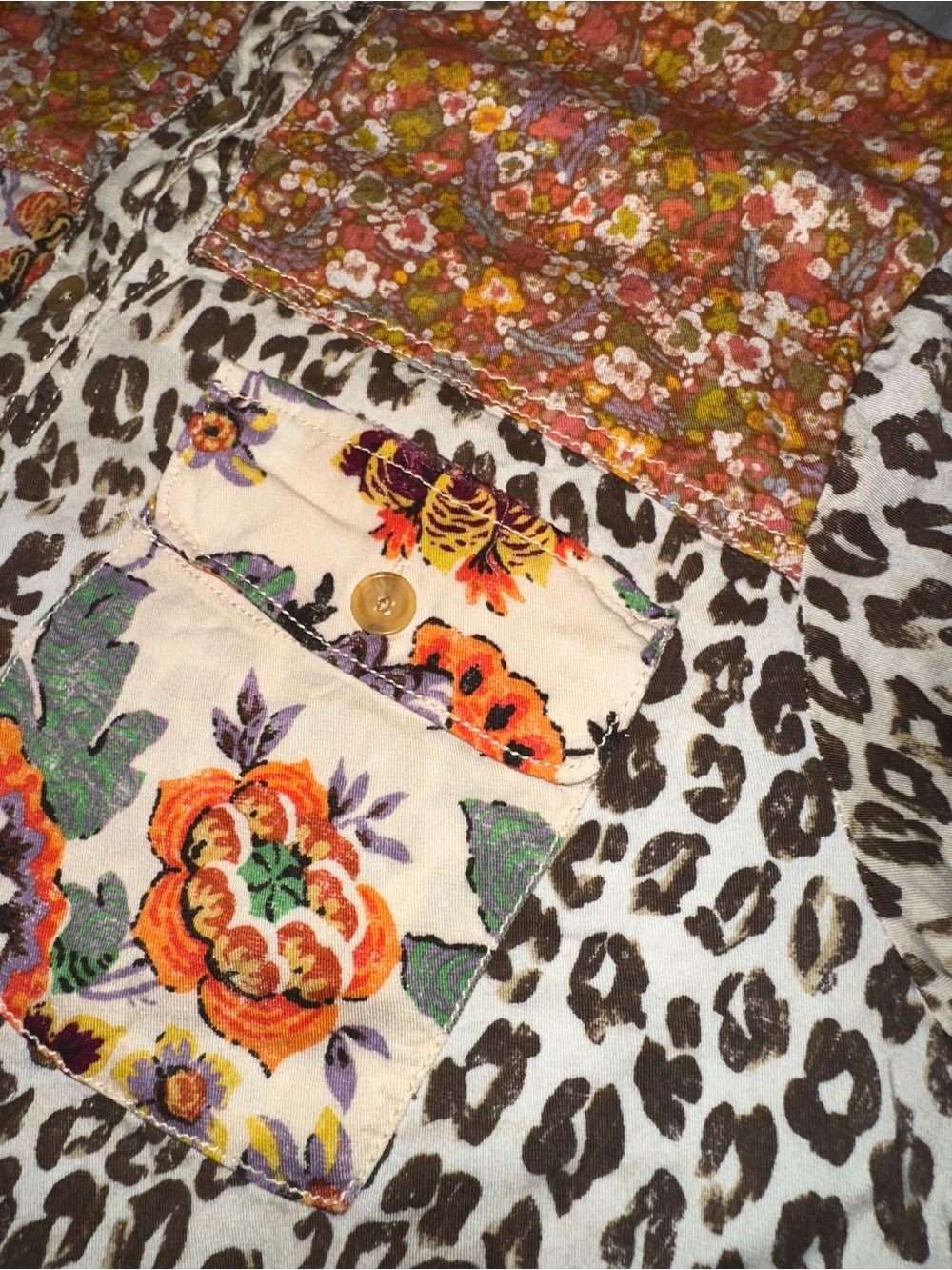 Anthropologie Pilcro Sz L Patchwork Button Up Blouse Floral Leopard Oversized - Picture 10 of 15
